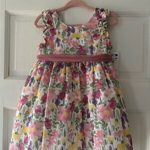 Mayoral Pink Floral Ruffle-Sleeve Dress with Rose Waistband